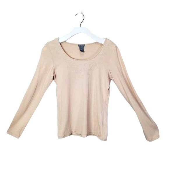 ANN TAYLOR Womens Blouse SZ S Beige Beaded Embroidered Long Sleeves‎ Cotton - Picture 1 of 7